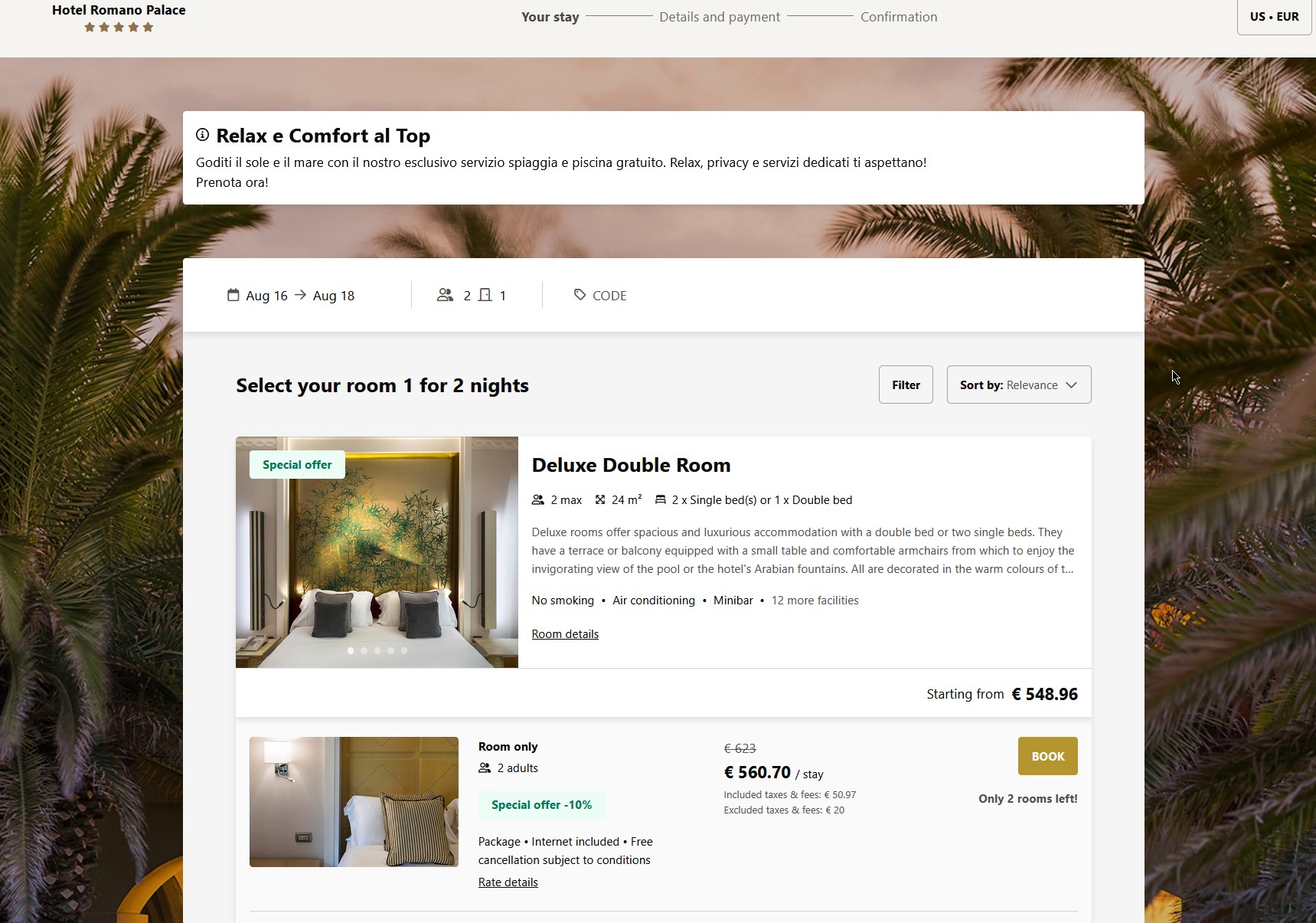 Hotel Romano Palace booking page preview
